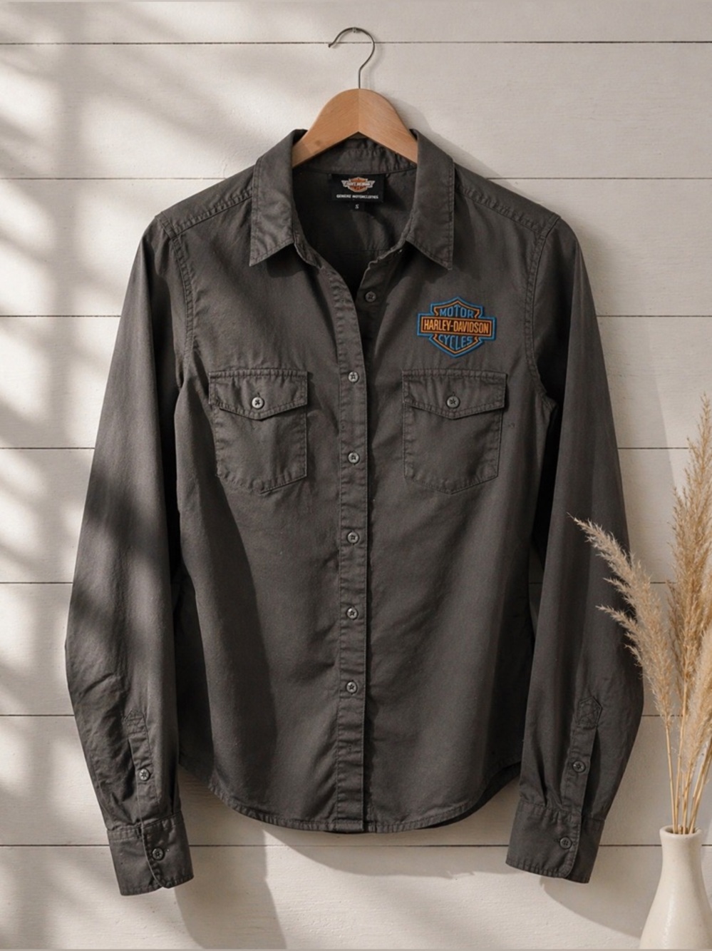 Harley-Davidson Charcoal Button Up Shirt Womens Motorcycle Biker Logo - Picture 2 of 9